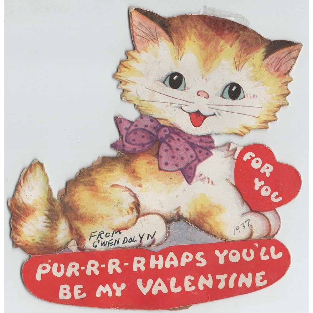 Vintage 1937 Die Cut Valentine Card Fluffy Kitten Cat Purple Bow Heart 1930s - Picture 1 of 2